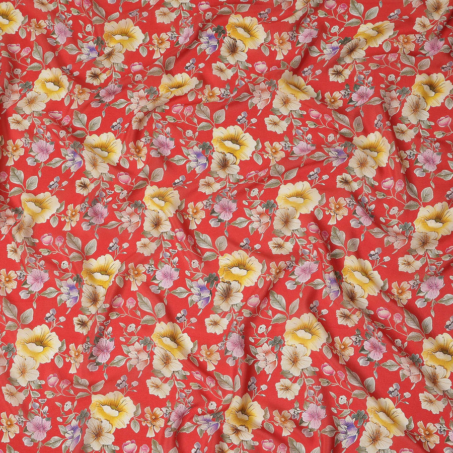 Red Floral Printed Premium Pure Silk Crepe Fabric Yellow Blossom Garden Design Soft Lightweight Dress Material 110 Cms Width India-D27989 - Regal Fabrics