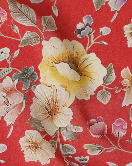 Red Floral Printed Premium Pure Silk Crepe Fabric Yellow Blossom Garden Design Soft Lightweight Dress Material 110 Cms Width India-D27989 - Regal Fabrics
