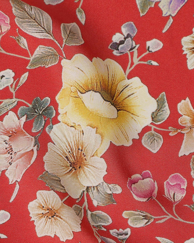 Red Floral Printed Premium Pure Silk Crepe Fabric Yellow Blossom Garden Design Soft Lightweight Dress Material 110 Cms Width India-D27989