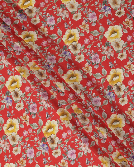 Red Floral Printed Premium Pure Silk Crepe Fabric Yellow Blossom Garden Design Soft Lightweight Dress Material 110 Cms Width India-D27989 - Regal Fabrics