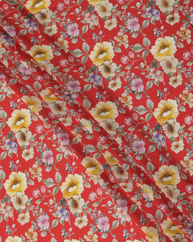 Red Floral Printed Premium Pure Silk Crepe Fabric Yellow Blossom Garden Design Soft Lightweight Dress Material 110 Cms Width India-D27989