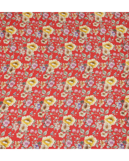 Red Floral Printed Premium Pure Silk Crepe Fabric Yellow Blossom Garden Design Soft Lightweight Dress Material 110 Cms Width India-D27989 - Regal Fabrics