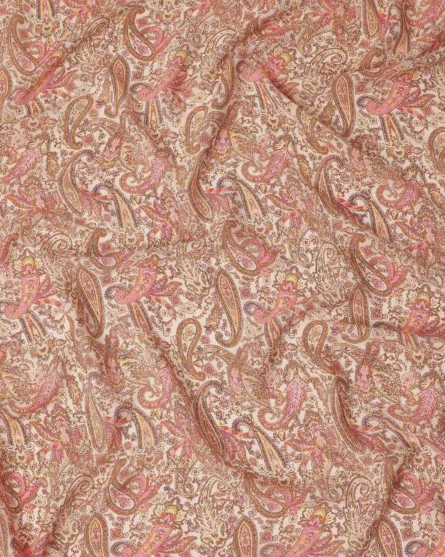 Beige Paisley Printed Premium Pure Silk Crepe Fabric Vintage Floral Leaf Design Soft Lightweight Dress Material 110 Cms Width India-D27995