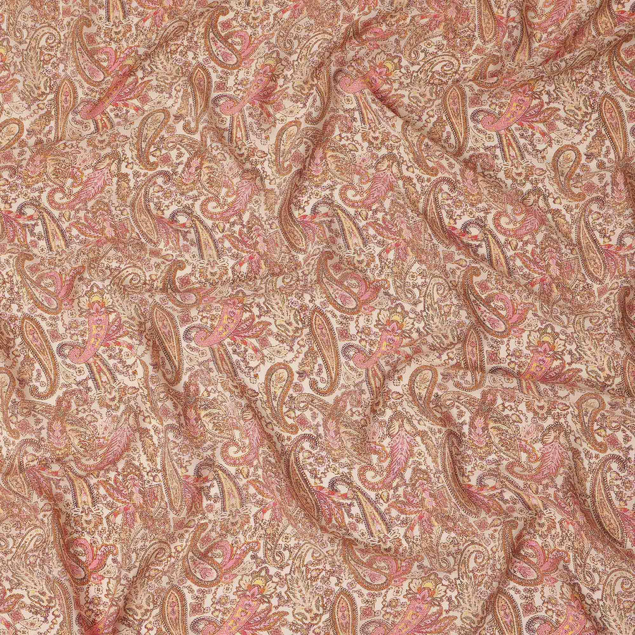 Beige Paisley Printed Premium Pure Silk Crepe Fabric Vintage Floral Leaf Design Soft Lightweight Dress Material 110 Cms Width India-D27995