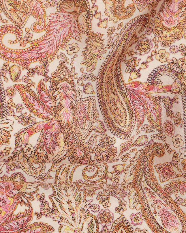 Beige Paisley Printed Premium Pure Silk Crepe Fabric Vintage Floral Leaf Design Soft Lightweight Dress Material 110 Cms Width India-D27995