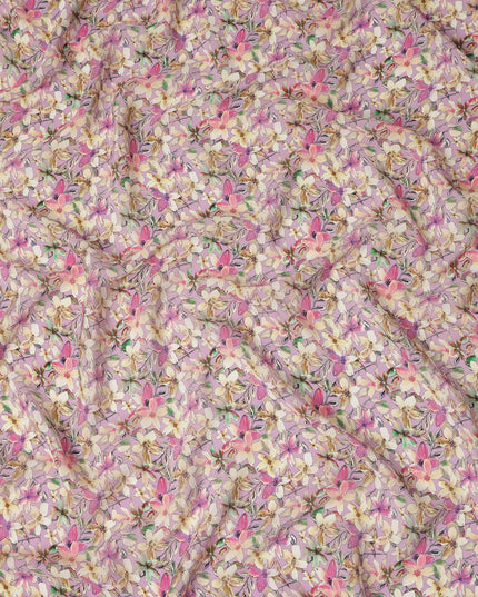 Lavender Floral Printed Premium Pure Silk Crepe Fabric Pink Blossom Garden Design Soft Lightweight Dress Material 110 Cms Width India-D27998 - Regal Fabrics