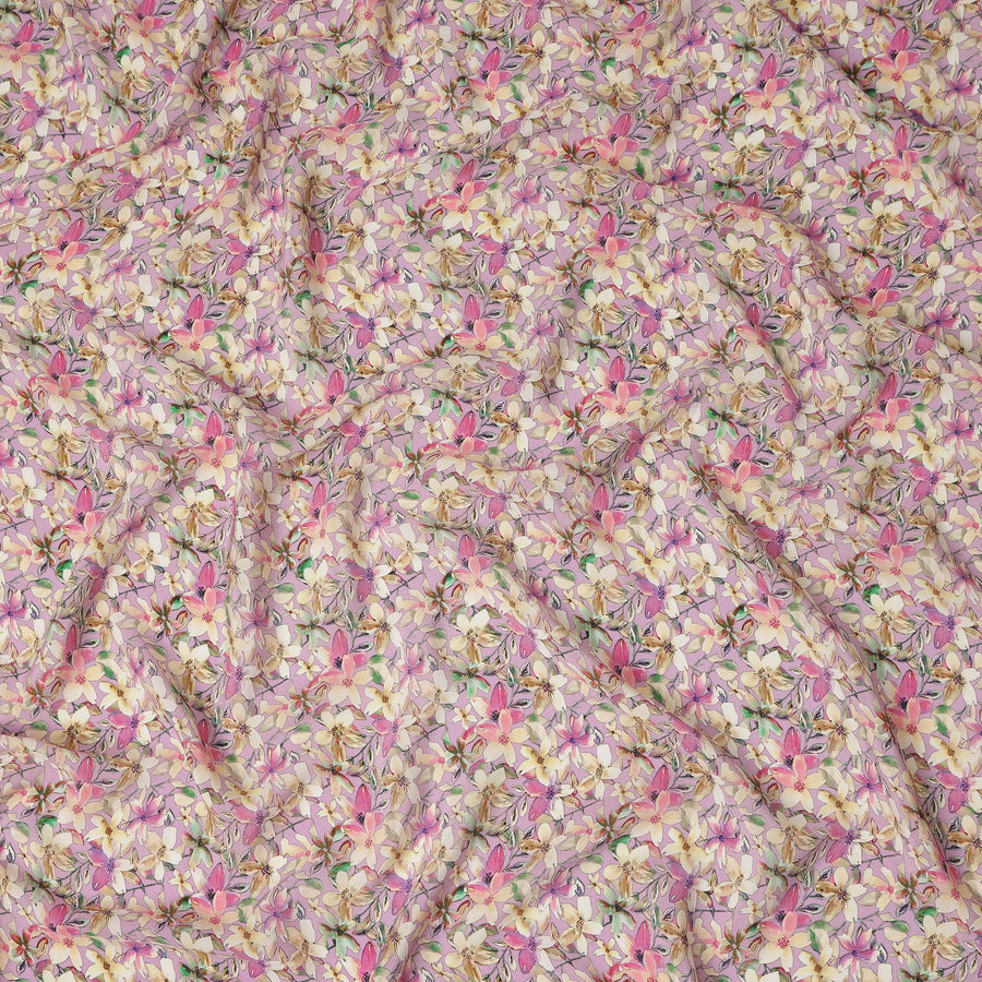 Lavender Floral Printed Premium Pure Silk Crepe Fabric Pink Blossom Garden Design Soft Lightweight Dress Material 110 Cms Width India-D27998 - Regal Fabrics