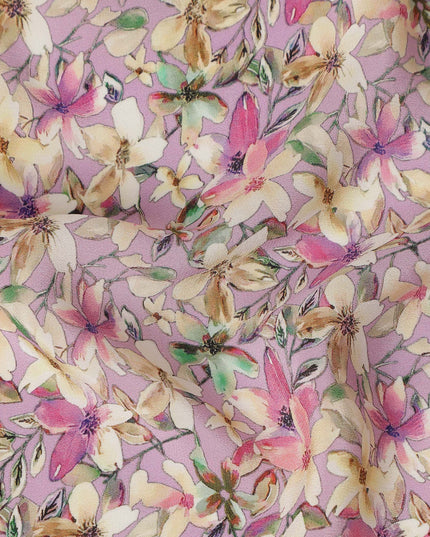 Lavender Floral Printed Premium Pure Silk Crepe Fabric Pink Blossom Garden Design Soft Lightweight Dress Material 110 Cms Width India-D27998 - Regal Fabrics