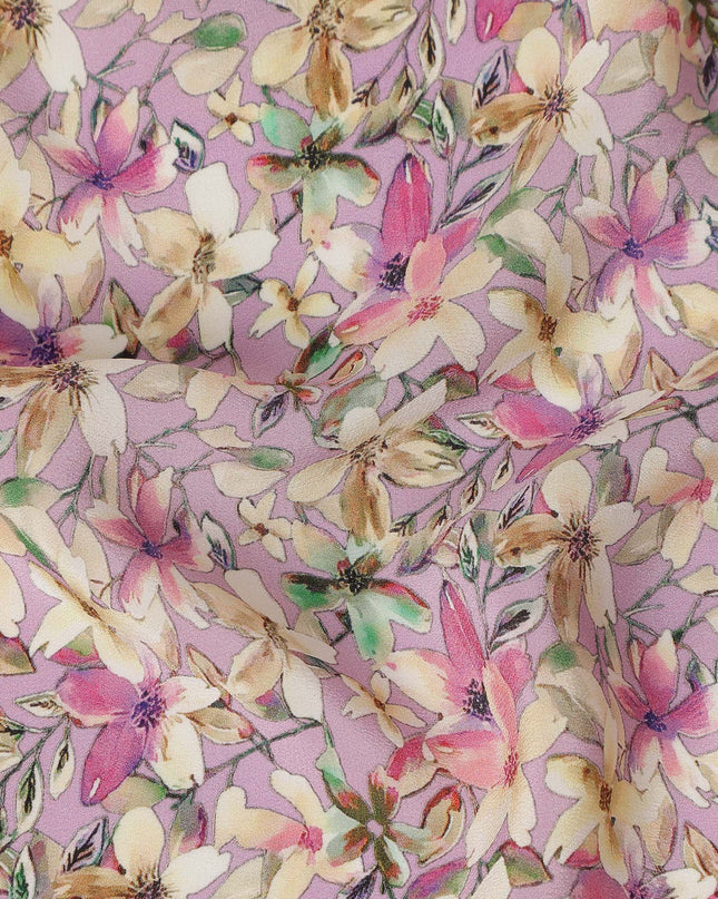 Lavender Floral Printed Premium Pure Silk Crepe Fabric Pink Blossom Garden Design Soft Lightweight Dress Material 110 Cms Width India-D27998