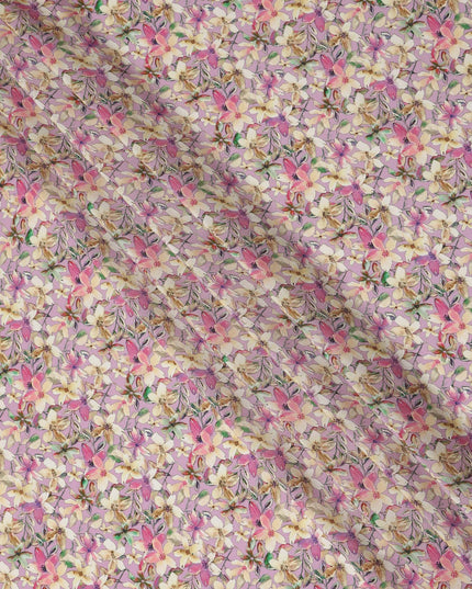 Lavender Floral Printed Premium Pure Silk Crepe Fabric Pink Blossom Garden Design Soft Lightweight Dress Material 110 Cms Width India-D27998 - Regal Fabrics