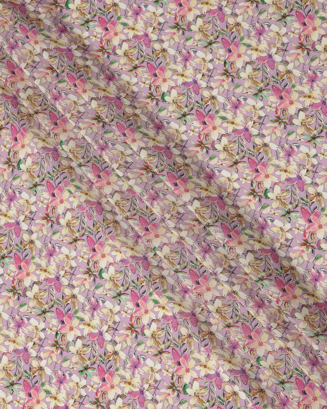 Lavender Floral Printed Premium Pure Silk Crepe Fabric Pink Blossom Garden Design Soft Lightweight Dress Material 110 Cms Width India-D27998