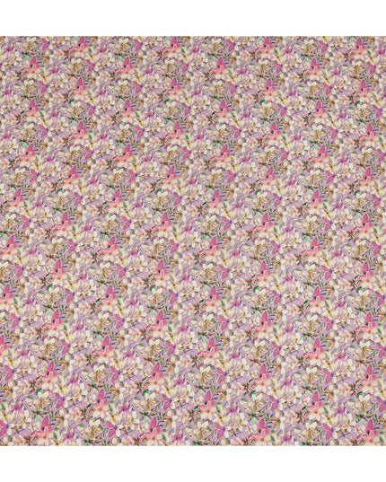 Lavender Floral Printed Premium Pure Silk Crepe Fabric Pink Blossom Garden Design Soft Lightweight Dress Material 110 Cms Width India-D27998 - Regal Fabrics