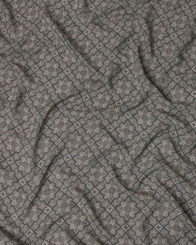 Grey Geometric Floral Printed Premium Pure Silk Crepe Fabric Vintage Tile Pattern Soft Lightweight Dress Material 110 Cms Width India-D27991