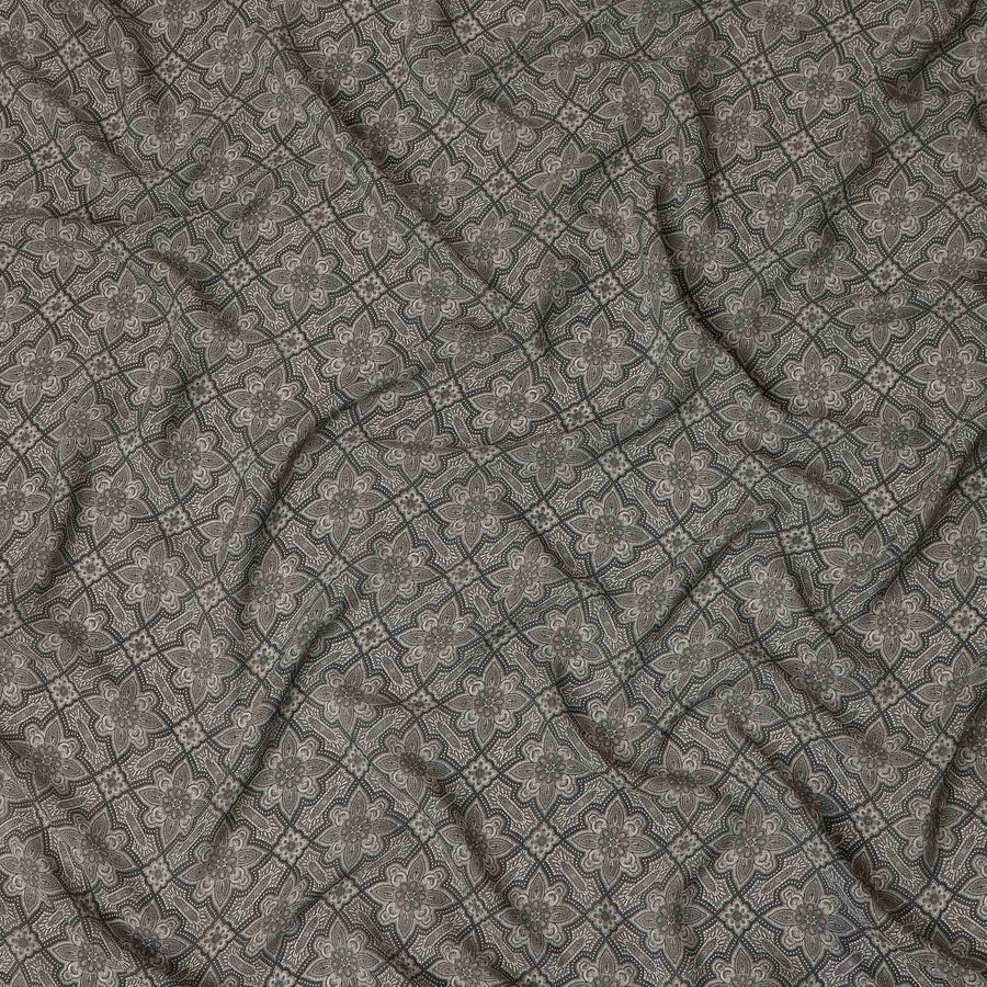 Grey Geometric Floral Printed Premium Pure Silk Crepe Fabric Vintage Tile Pattern Soft Lightweight Dress Material 110 Cms Width India-D27991