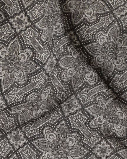 Grey Geometric Floral Printed Premium Pure Silk Crepe Fabric Vintage Tile Pattern Soft Lightweight Dress Material 110 Cms Width India-D27991