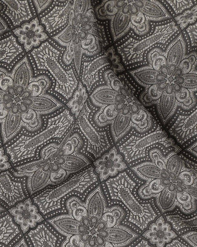 Grey Geometric Floral Printed Premium Pure Silk Crepe Fabric Vintage Tile Pattern Soft Lightweight Dress Material 110 Cms Width India-D27991