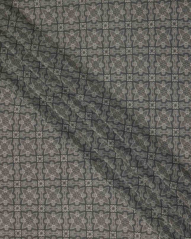Grey Geometric Floral Printed Premium Pure Silk Crepe Fabric Vintage Tile Pattern Soft Lightweight Dress Material 110 Cms Width India-D27991