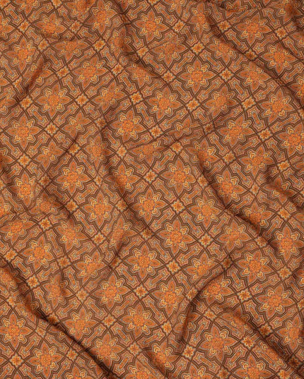 Brown Geometric Floral Printed Premium Pure Silk Crepe Fabric Vintage Tile Pattern Soft Lightweight Dress Material 110 Cms Width India-D27993
