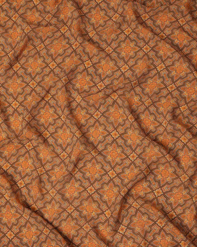 Brown Geometric Floral Printed Premium Pure Silk Crepe Fabric Vintage Tile Pattern Soft Lightweight Dress Material 110 Cms Width India-D27993
