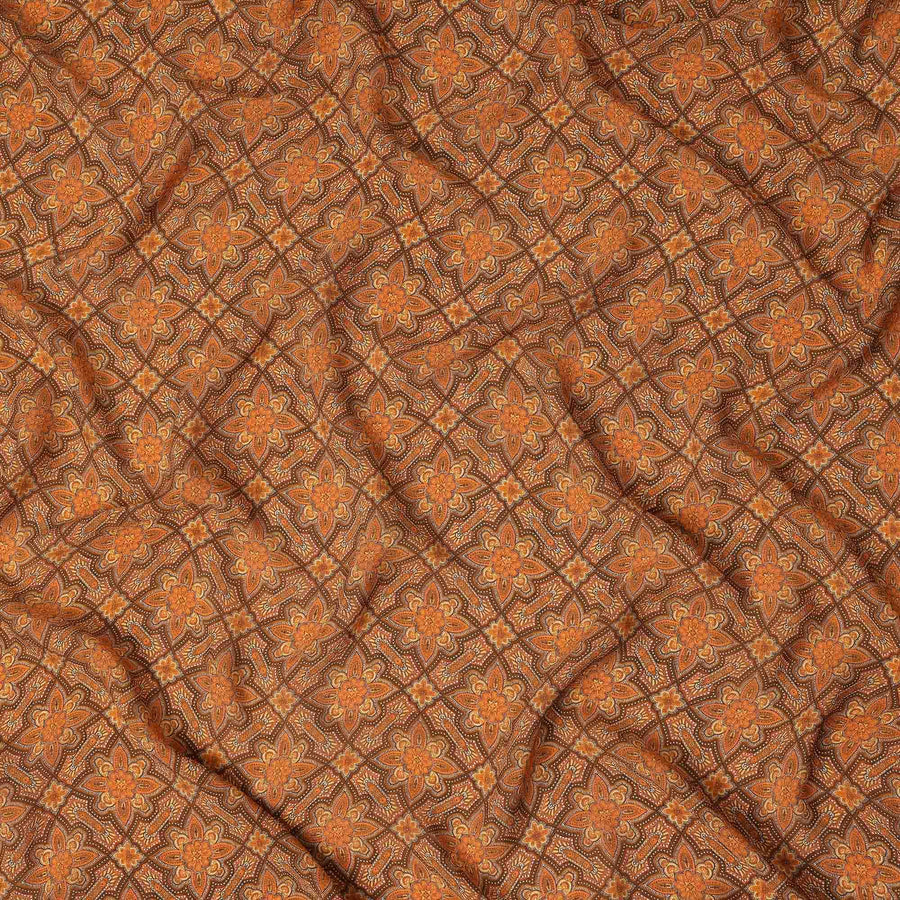 Brown Geometric Floral Printed Premium Pure Silk Crepe Fabric Vintage Tile Pattern Soft Lightweight Dress Material 110 Cms Width India-D27993