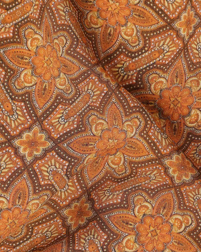 Brown Geometric Floral Printed Premium Pure Silk Crepe Fabric Vintage Tile Pattern Soft Lightweight Dress Material 110 Cms Width India-D27993
