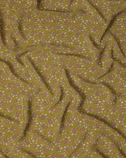 Olive Green Leaf Printed Premium Pure Silk Crepe Fabric Small Botanical Motif Design Soft Lightweight Dress Material 110 Cms Width India-D28013