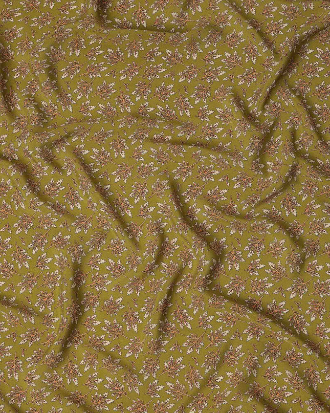 Olive Green Leaf Printed Premium Pure Silk Crepe Fabric Small Botanical Motif Design Soft Lightweight Dress Material 110 Cms Width India-D28013