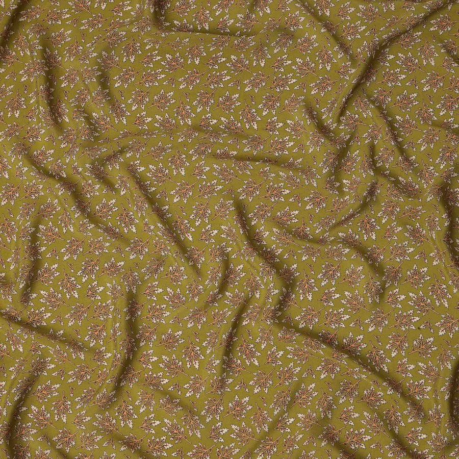 Olive Green Leaf Printed Premium Pure Silk Crepe Fabric Small Botanical Motif Design Soft Lightweight Dress Material 110 Cms Width India-D28013