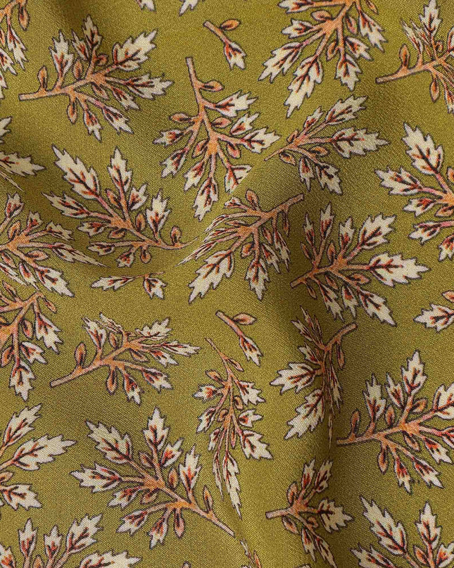 Olive Green Leaf Printed Premium Pure Silk Crepe Fabric Small Botanical Motif Design Soft Lightweight Dress Material 110 Cms Width India-D28013