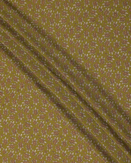 Olive Green Leaf Printed Premium Pure Silk Crepe Fabric Small Botanical Motif Design Soft Lightweight Dress Material 110 Cms Width India-D28013