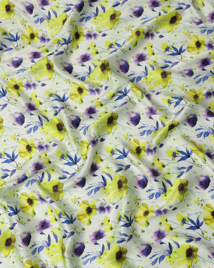 White Lime Green Floral Printed Premium Pure Silk Satin Fabric Purple And Blue Blossom Design Luxury Soft Dress Material 110 Cms Width India-D28029 - Regal Fabrics