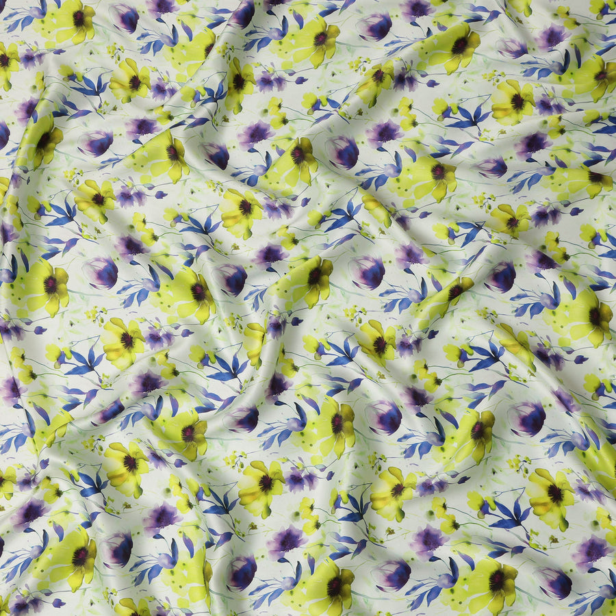 White Lime Green Floral Printed Premium Pure Silk Satin Fabric Purple And Blue Blossom Design Luxury Soft Dress Material 110 Cms Width India-D28029 - Regal Fabrics