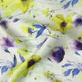 White Lime Green Floral Printed Premium Pure Silk Satin Fabric Purple And Blue Blossom Design Luxury Soft Dress Material 110 Cms Width India-D28029 - Regal Fabrics