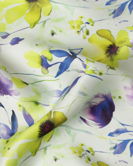 White Lime Green Floral Printed Premium Pure Silk Satin Fabric Purple And Blue Blossom Design Luxury Soft Dress Material 110 Cms Width India-D28029 - Regal Fabrics