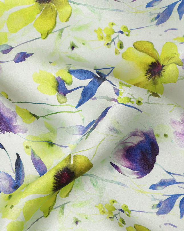 White Lime Green Floral Printed Premium Pure Silk Satin Fabric Purple And Blue Blossom Design Luxury Soft Dress Material 110 Cms Width India-D28029