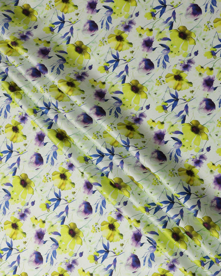 White Lime Green Floral Printed Premium Pure Silk Satin Fabric Purple And Blue Blossom Design Luxury Soft Dress Material 110 Cms Width India-D28029 - Regal Fabrics