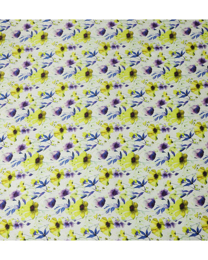 White Lime Green Floral Printed Premium Pure Silk Satin Fabric Purple And Blue Blossom Design Luxury Soft Dress Material 110 Cms Width India-D28029 - Regal Fabrics
