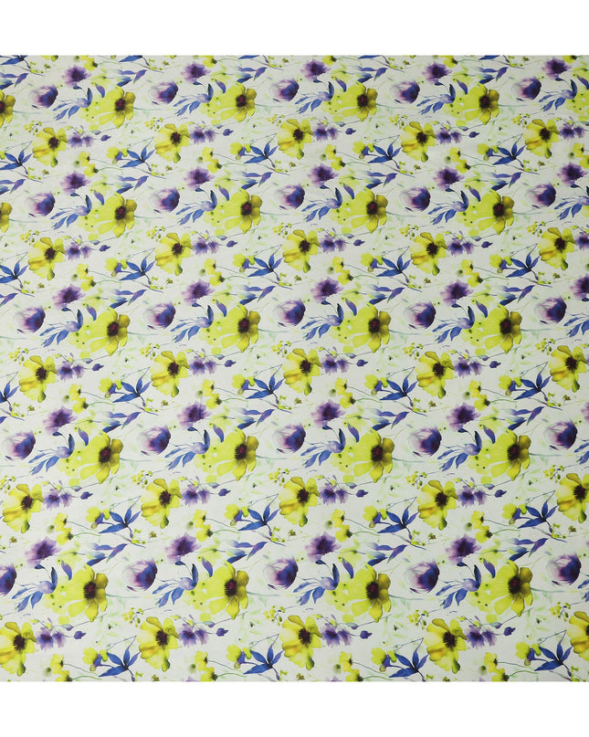 White Lime Green Floral Printed Premium Pure Silk Satin Fabric Purple And Blue Blossom Design Luxury Soft Dress Material 110 Cms Width India-D28029