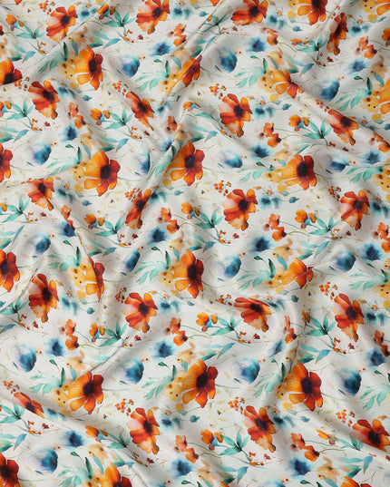 White Orange Floral Printed Premium Pure Silk Satin Fabric Teal And Blue Blossom Botanical Design Luxury Soft Dress Material 110 Cms Width India-D28030