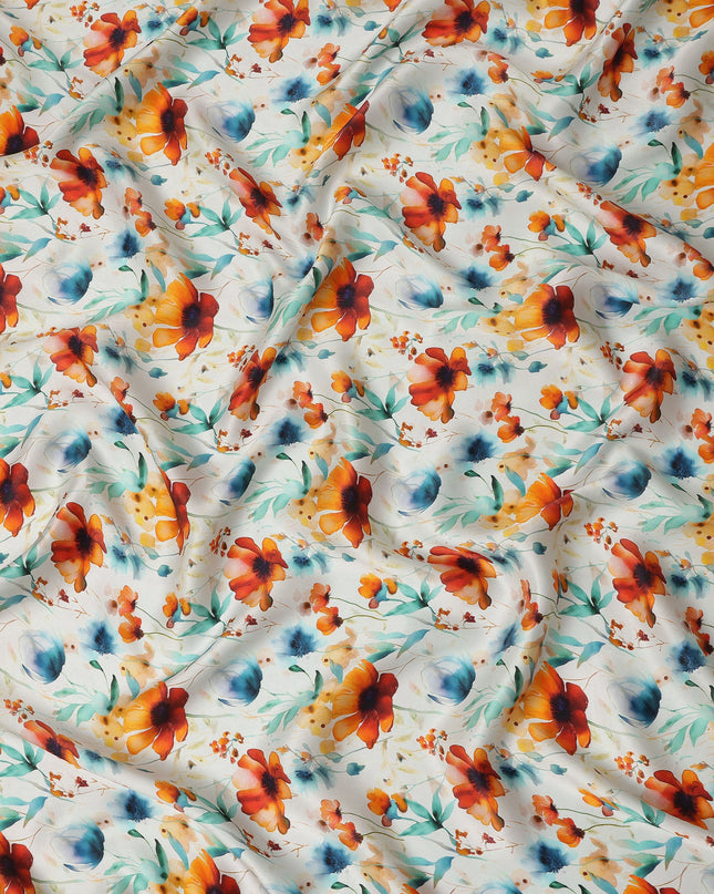 White Orange Floral Printed Premium Pure Silk Satin Fabric Teal And Blue Blossom Botanical Design Luxury Soft Dress Material 110 Cms Width India-D28030
