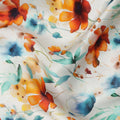 White Orange Floral Printed Premium Pure Silk Satin Fabric Teal And Blue Blossom Botanical Design Luxury Soft Dress Material 110 Cms Width India-D28030