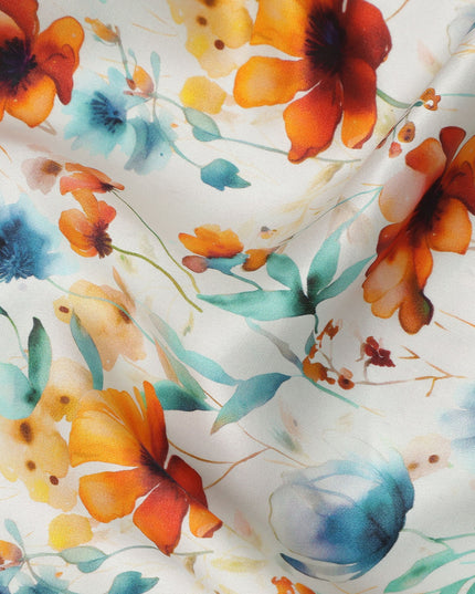 White Orange Floral Printed Premium Pure Silk Satin Fabric Teal And Blue Blossom Botanical Design Luxury Soft Dress Material 110 Cms Width India-D28030