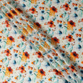White Orange Floral Printed Premium Pure Silk Satin Fabric Teal And Blue Blossom Botanical Design Luxury Soft Dress Material 110 Cms Width India-D28030