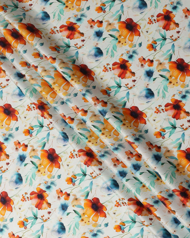 White Orange Floral Printed Premium Pure Silk Satin Fabric Teal And Blue Blossom Botanical Design Luxury Soft Dress Material 110 Cms Width India-D28030