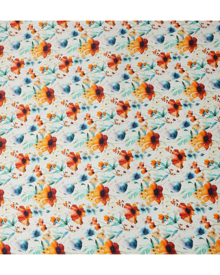 White Orange Floral Printed Premium Pure Silk Satin Fabric Teal And Blue Blossom Botanical Design Luxury Soft Dress Material 110 Cms Width India-D28030