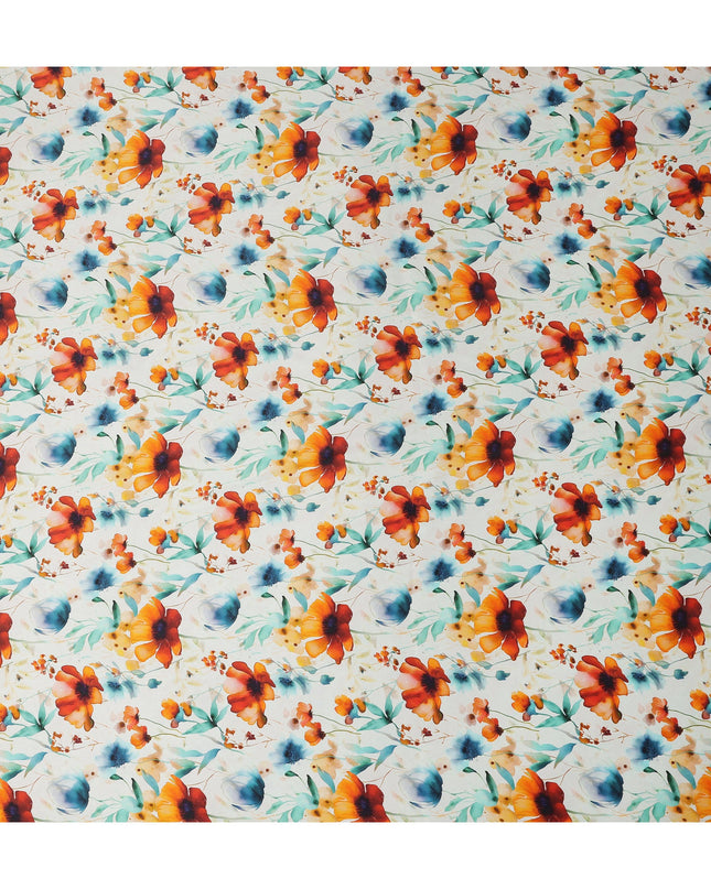 White Orange Floral Printed Premium Pure Silk Satin Fabric Teal And Blue Blossom Botanical Design Luxury Soft Dress Material 110 Cms Width India-D28030