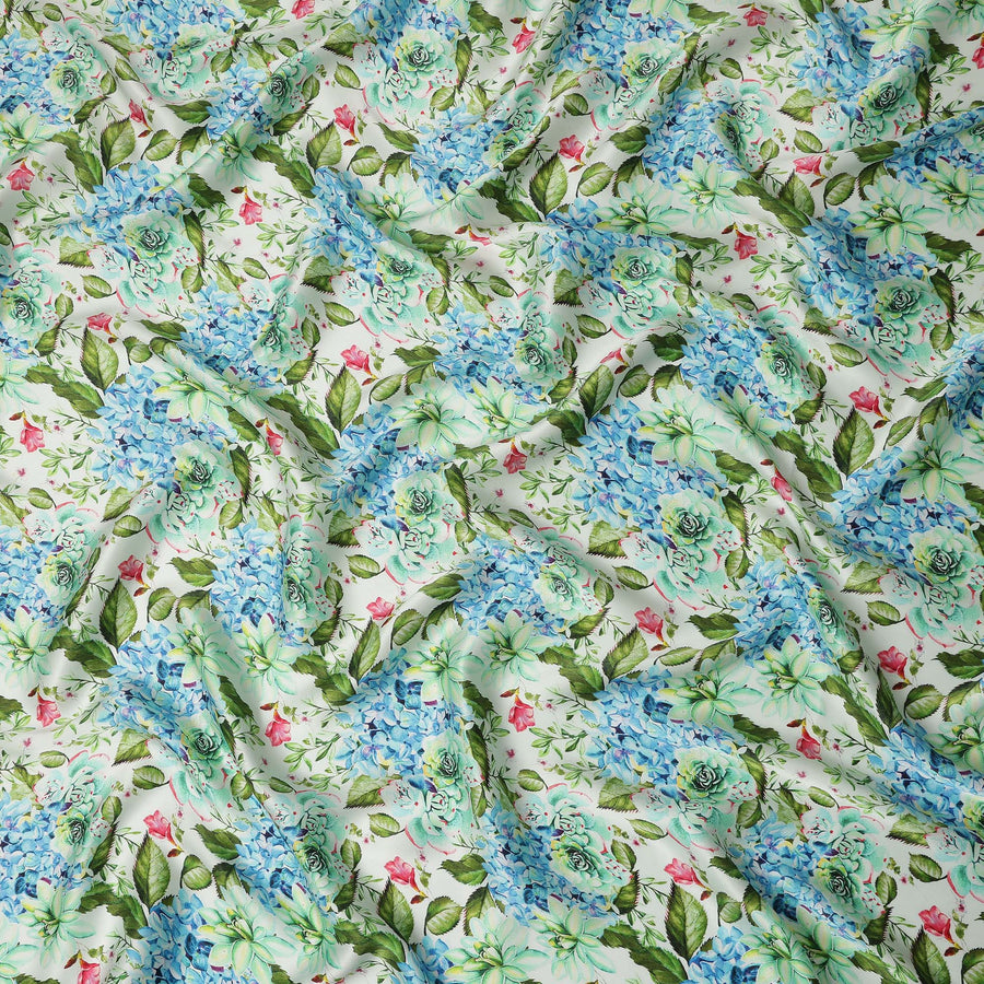 White Floral Printed Premium Pure Silk Satin Fabric Blue And Green Blossom Botanical Design Luxury Soft Dress Material 110 Cms Width India-D28027