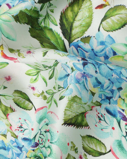 White Floral Printed Premium Pure Silk Satin Fabric Blue And Green Blossom Botanical Design Luxury Soft Dress Material 110 Cms Width India-D28027