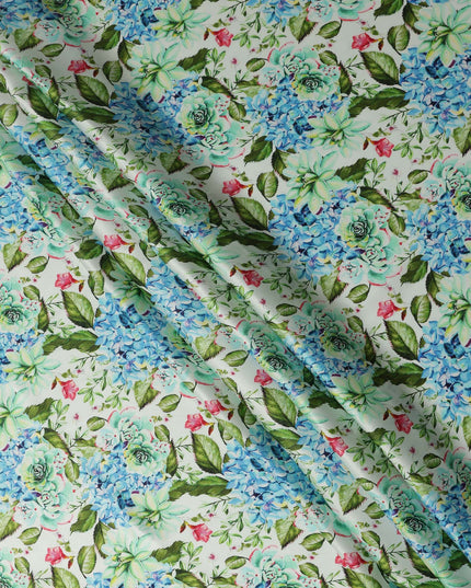 White Floral Printed Premium Pure Silk Satin Fabric Blue And Green Blossom Botanical Design Luxury Soft Dress Material 110 Cms Width India-D28027