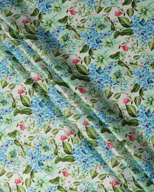 White Floral Printed Premium Pure Silk Satin Fabric Blue And Green Blossom Botanical Design Luxury Soft Dress Material 110 Cms Width India-D28027